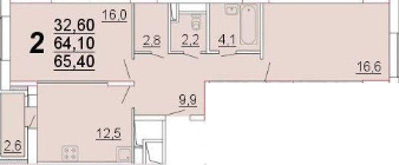 Двухкомнатная квартира 64.1 м²