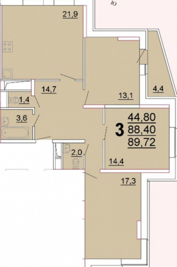 Трёхкомнатная квартира 88.4 м²
