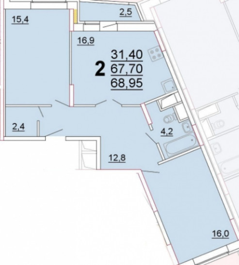 Двухкомнатная квартира 67.7 м²
