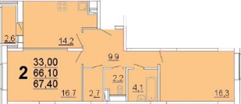 Двухкомнатная квартира 66.1 м²