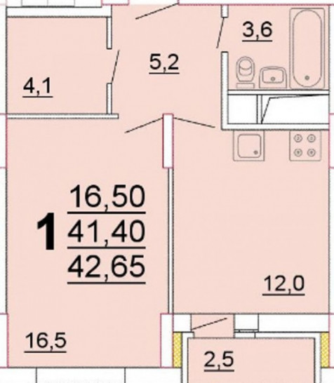 Однокомнатная квартира 41.4 м²
