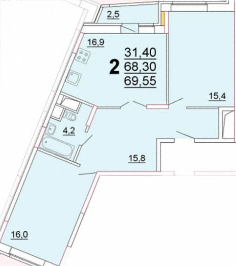 Двухкомнатная квартира 68.3 м²