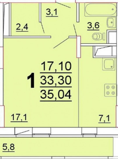 Однокомнатная квартира 33.3 м²