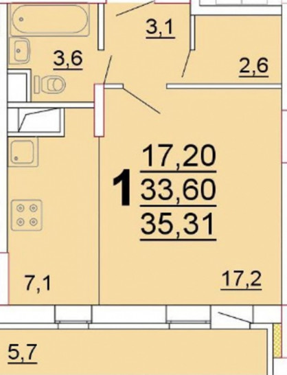 Однокомнатная квартира 33.6 м²