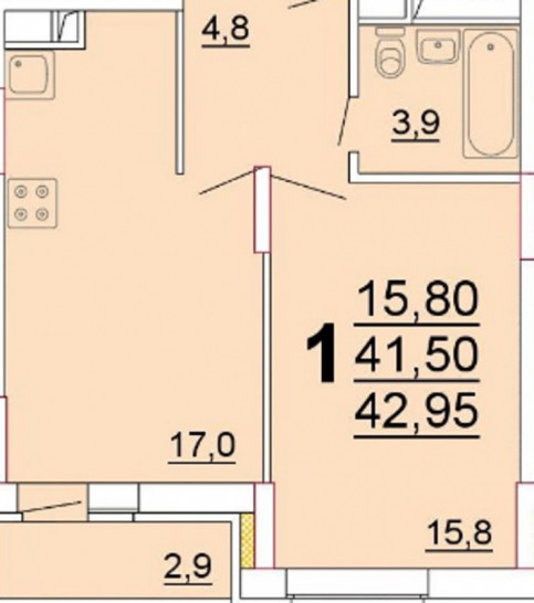 Однокомнатная квартира 41.5 м²