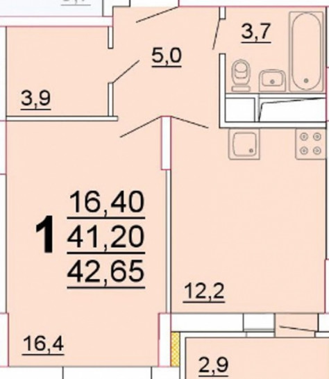 Однокомнатная квартира 41.2 м²