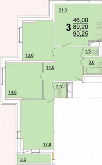 Трёхкомнатная квартира 89.2 м²