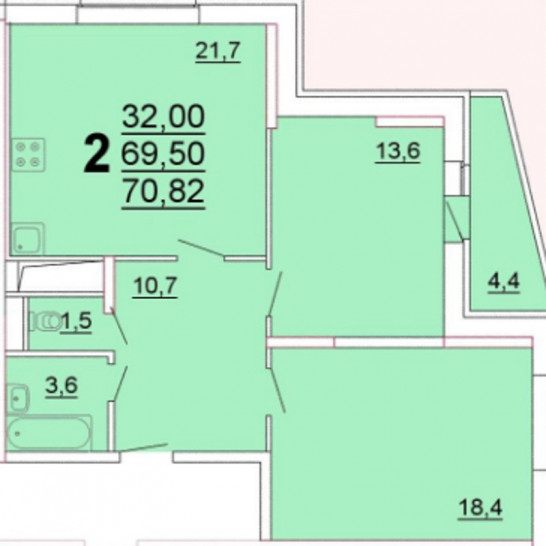 Двухкомнатная квартира 69.5 м²
