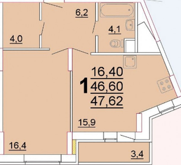 Однокомнатная квартира 46.6 м²