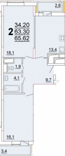 Двухкомнатная квартира 63.3 м²