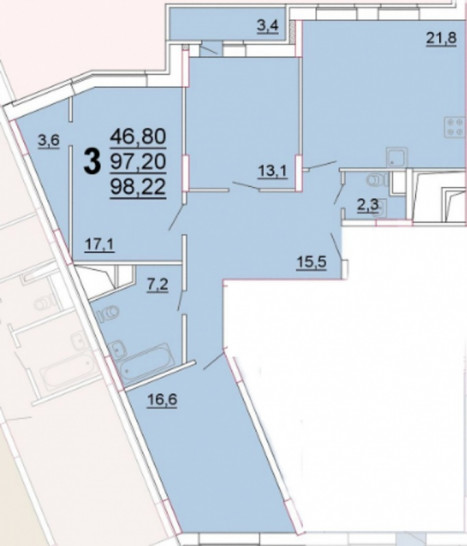 Трёхкомнатная квартира 97.2 м²