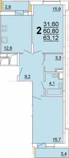 Двухкомнатная квартира 60.8 м²